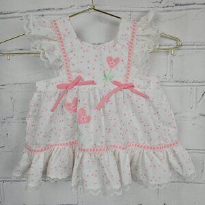 Vintage Baby Dress White Pink Heart Embroidered 12 Months 80s 90s Spring Summer